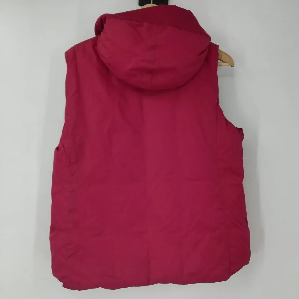 Eileen Fisher Red Down Puffer Vest Size M Pockets Hood Zipper Snap Classic